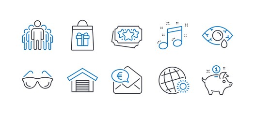 Set of Business icons, such as Loyalty points, Eyeglasses, Parking garage, Group, Ð¡onjunctivitis eye, World weather, Euro money, Musical note, Holidays shopping, Saving money line icons. Vector
