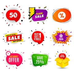 Save 25% off. Banner badge, flash sale bubble. Sale Discount offer price sign. Special offer symbol. Last minute offer. Sticker badge, comic bubble. Discounts box. Vector