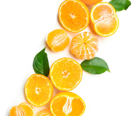 Ripe tasty tangerines on white background