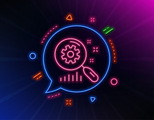 Search statistics line icon. Neon laser lights. Find analysis sign. Glow laser speech bubble. Neon lights chat bubble. Banner badge with search statistics icon. Vector