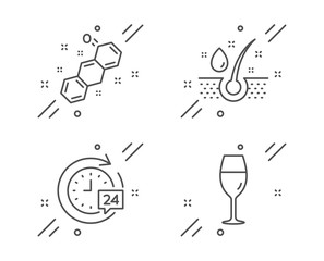 24h delivery, Serum oil and Chemical formula line icons set. Wineglass sign. Stopwatch, Healthy hairs, Chemistry. Burgundy glass. Business set. Line 24h delivery outline icon. Vector