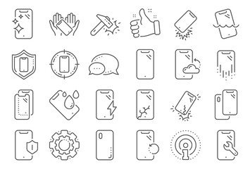 Smartphone protection line icons. Tempered glass, screen protector and water resistant. Phone cover, display glass protection and shockproof device icons. Strong smartphone. Line signs set. Vector