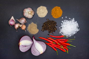 Still life of vegetables, seasonings and spices on dark background. Red hot chili papers, fresh...