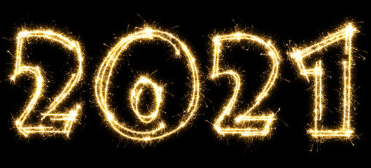 New Year 2021 made by sparkler . Number 2021 written sparkling sparklers . Isolated on a black background . Overlay template for holiday greeting card .