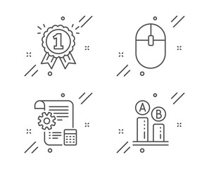 Settings blueprint, Reward and Computer mouse line icons set. Ab testing sign. Report document, First place, Pc equipment. Test chart. Business set. Line settings blueprint outline icon. Vector
