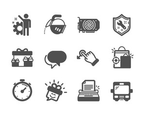 Set of Business icons, such as Drag drop, Seo shopping, Spanner, Employee, Timer, Coffee pot, Talk bubble, Smile, Bus, Surprise boxes, Typewriter, Gpu classic icons. Move, Analytics. Vector