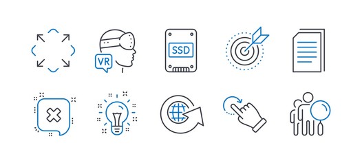 Set of Technology icons, such as Augmented reality, Rotation gesture, Reject, Ssd, World globe, Idea, Copy files, Maximize, Target purpose, Search people line icons. Virtual reality, Undo. Vector