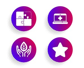 Medical help, Fair trade and Puzzle icons simple set. Halftone dots button. Star sign. Medicine laptop, Safe nature, Engineering strategy. Best rank. Science set. Vector