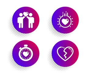 Love, Friends couple and Heartbeat timer icons simple set. Halftone dots button. Broken heart sign. Heart, Friendship, Love stopwatch. Love set. Classic flat love icon. Vector