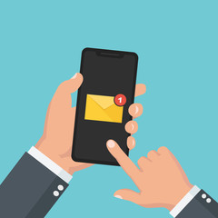 New message or email Notification on smartphone screen. Hand holds the smartphone and finger touches screen. Modern vector flat illustration.