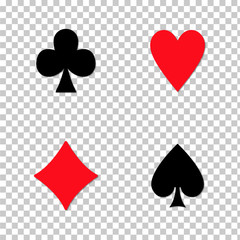 Playing card suits. Spades, hearts, diamonds, clubs icons isolated on transparent background. Poker Symbols