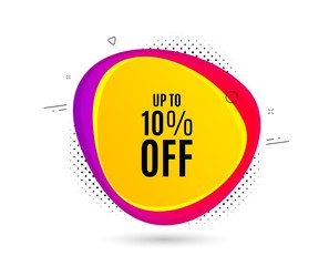 Up to 10% off Sale. Banner text shape. Discount offer price sign. Special offer symbol. Save 10 percentages. Geometric vector banner. Discount tag text. Gradient shape badge. Halftone pattern. Vector