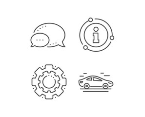 Car transport line icon. Chat bubble, info sign elements. Transportation vehicle sign. Driving symbol. Linear car outline icon. Information bubble. Vector