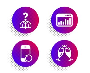 Hiring employees, Marketing statistics and Recovery phone icons simple set. Halftone dots button. Champagne glasses sign. Human resources, Web analytics, Backup smartphone. Chin-chin. Vector