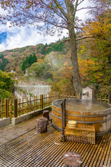 Obraz premium Japanese Hot Springs Onsen Natural Bath Surrounded by red-yellow leaves. In fall leaves fall in Fukushima, Japan.