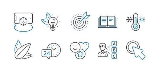 Set of Business icons, such as Eco energy, Smile, Education, Sunflower seed, Target purpose, Thermometer, Opinion, Augmented reality, 24h service, Click here line icons. Line eco energy icon. Vector