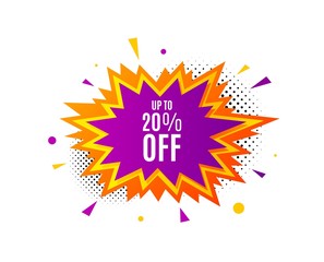 Up to 20% off Sale. Banner badge, offer sticker. Discount offer price sign. Special offer symbol. Save 20 percentages. Discount tag banner. Sticker badge. Vector