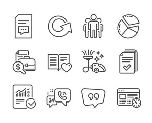Set of Technology icons, such as Quote bubble, Checked calculation, Love book, Comments, Reload, Pie chart, Group, 24h service, Accounting report, Web timer, Handout, Vacuum cleaner. Vector