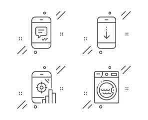 Scroll down, Message and Seo phone line icons set. Laundry sign. Swipe phone, Search engine, Washing machine. Technology set. Line scroll down outline icon. Vector