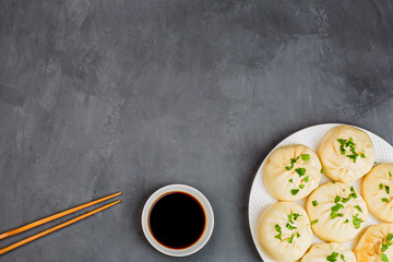 Close up of Chinese steamed dumplings on gray concrete background. Flat lay, top view, overhead, mockup, template. Asian food concept. Traditional food for Chinese New Year celebration