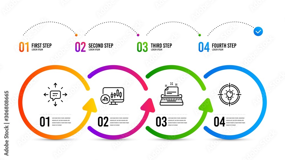 Poster idea sign. infographics timeline. typewriter, candlestick chart and sms line icons set. instruction,