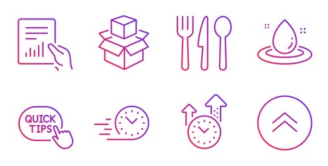 Fuel energy, Document and Fast delivery line icons set. Quick tips, Food and Packing boxes signs. Time management, Swipe up symbols. Petroleum, File with diagram. Business set. Vector