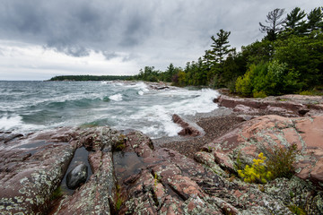 Rocks and waves of Georgian Bay shoreline Ontario Canada