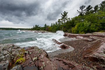 Rocks and waves of Georgian Bay shoreline Ontario Canada