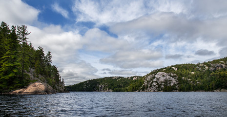 rocky ridges of La Cloche mountains on George Lake Killarney Prov. Park Ontario Canada