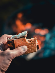 Having a s'more over the fire in the summer - obrazy, fototapety, plakaty