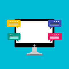 Review rating bubble speeches on laptop vector illustration. Customer review, Usability Evaluation, Feedback, Rating system concept. Vector illustration