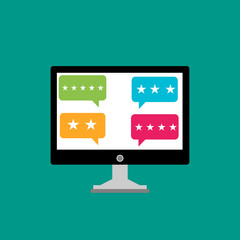 Review rating bubble speeches on laptop vector illustration. Customer review, Usability Evaluation, Feedback, Rating system concept. Vector illustration