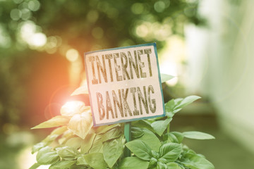 Writing note showing Internet Banking. Business concept for banking method which transactions conducted electronically Plain paper attached to stick and placed in the grassy land