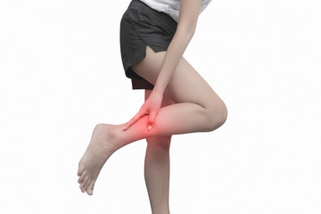 Obraz premium Woman with calf feeling pain on white background. with clipping path