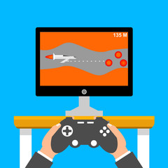 Fototapeta na wymiar Videogame console with tv. Gaming concept. Man holding in hands gamepad. Flat cartoon style. Vector illustration.