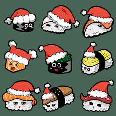 Vector illustration of cute cartoon sushi with red hat on green background.