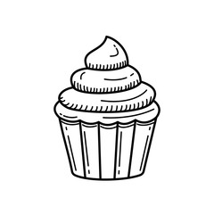 Cupcake vector illustration with  hand drawn style. Black line cupcake vector illustration isolated on white background 
