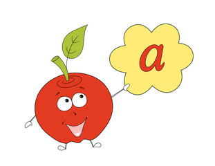 a is for apple. happy cartoon character with big eyes and holding a sign with the vowel