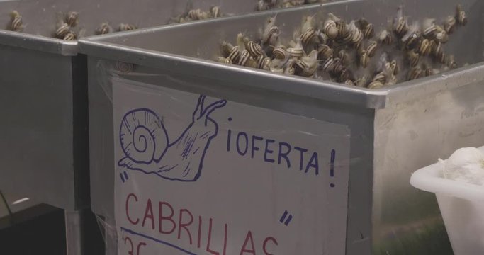 Snails being sold in a market, cabrillas, Caracoles