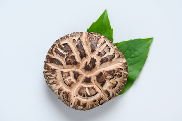 Shiitake mushrooms on the wooden background.