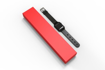 Smart watch with hard box packaging for branding and mock up. 3d render illustration.