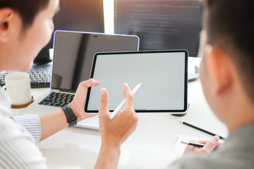 Cropped shot view Developing programming and coding technologies. Website design. Programmer working in a software develop company office. 