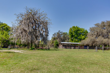 Horse stable at the back of a large field