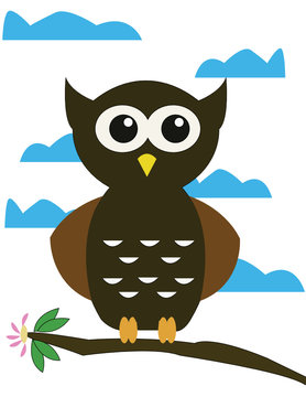 Owl sitting on a branch with clouds in the background. Cute brown owl with big eyes, sitting on a branch with a blooming pink flower on it and blue clouds flying by in the background.