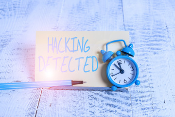 Handwriting text Hacking Detected. Conceptual photo identify the presence or unauthorized access to...