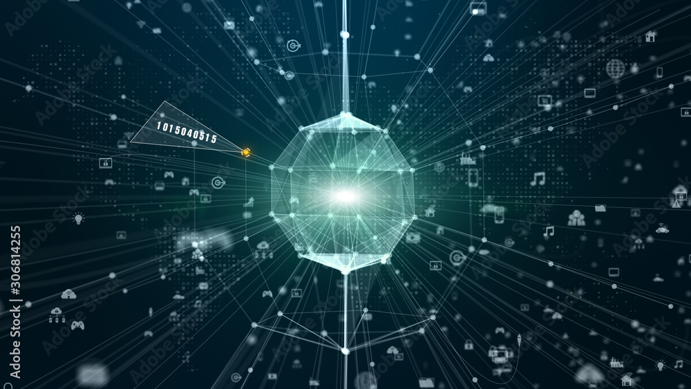 Poster technology network digital data connection and digital data network protection. future technology ne