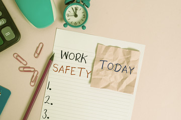 Text sign showing Work Safety. Business photo showcasing policies and procedures in place to ensure safety in workplace Calculator clips clock clipboard mouse sheet note pencil color background