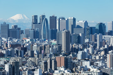 (東京都-都市風景)青空の下の富士山と新宿ビル群１
