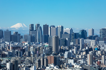 Fototapeta na wymiar (東京都-都市風景)青空の下の富士山と新宿ビル群６