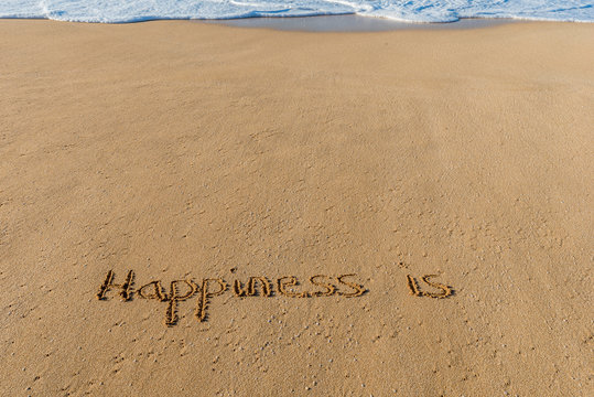 The words Happiness is written in the sand on the beach with a wave washing in